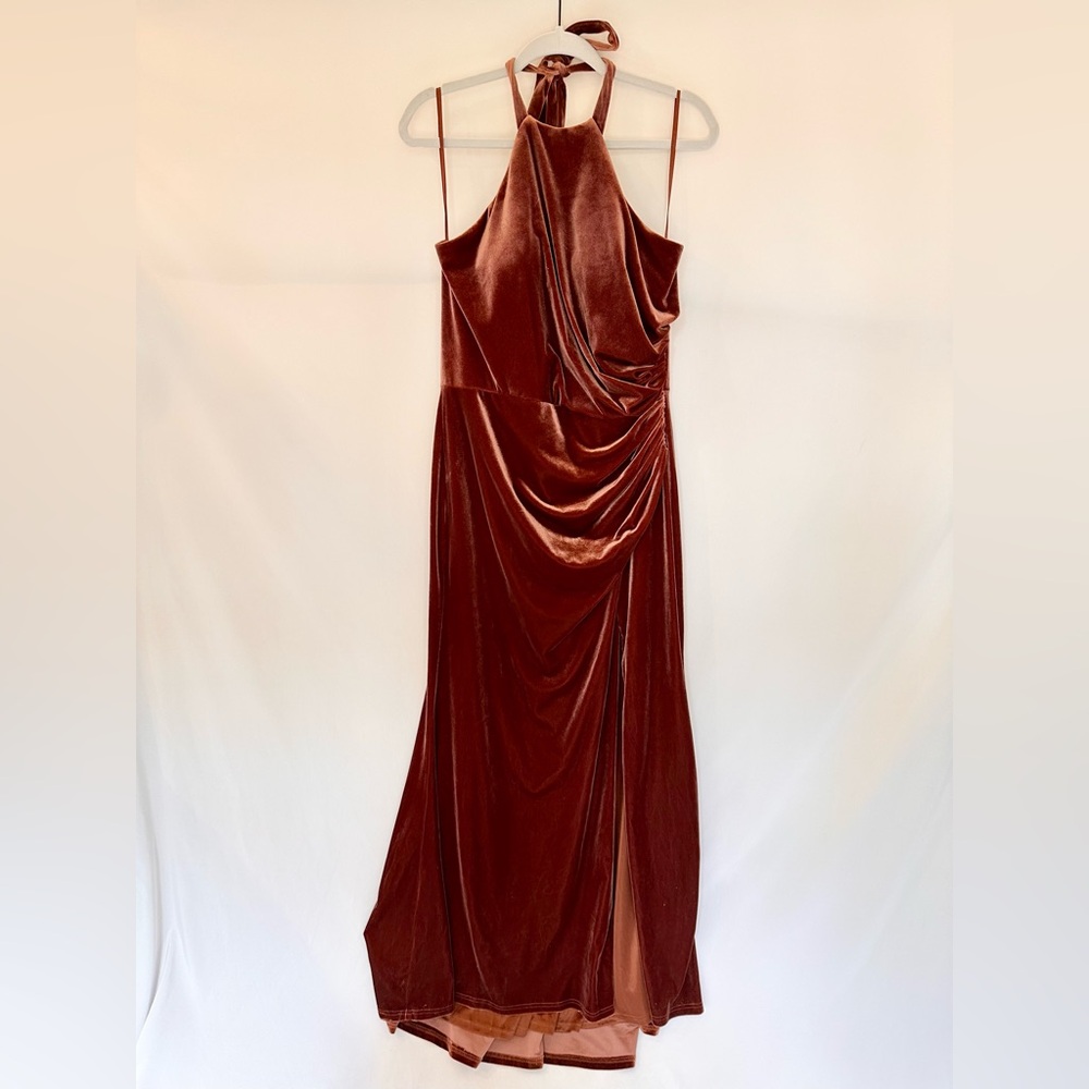 Revelry Fallon Backless Velvet Bridesmaid Dress in Terracotta Petite Length